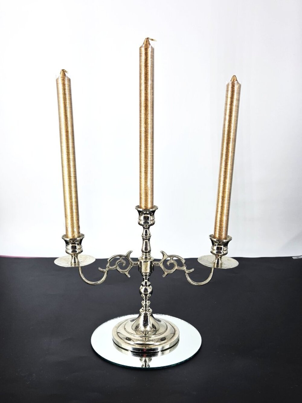 Vintage Silver Metal Ornate Scrollwork 3 Arm Candelabra Taper Candles Weighted